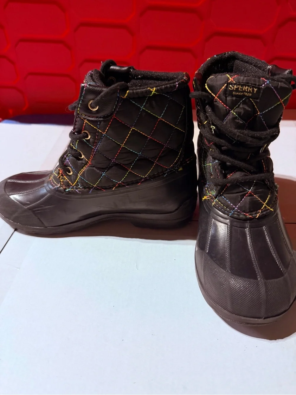 Sperry Kids Black Duck Boots with Multicolor Quilted Stitching
